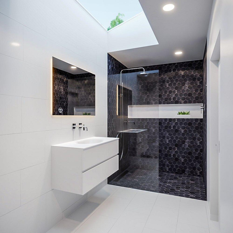 ENSEMBLE DE MEUBLE MONDIAZ VICA - 100cm - 2 tiroirs - lavabo Moon central - 0 trous de robinet - solid surface talc SW409695