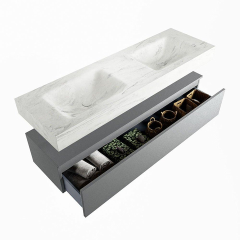 Mondiaz ALAN-DLUX Ensemble de meuble - 150cm - meuble Plata mat - 1 tiroir - Lavabo Cloud Opalo suspendu - vasque Gauche et droite - 0 trous de robinet SW806909