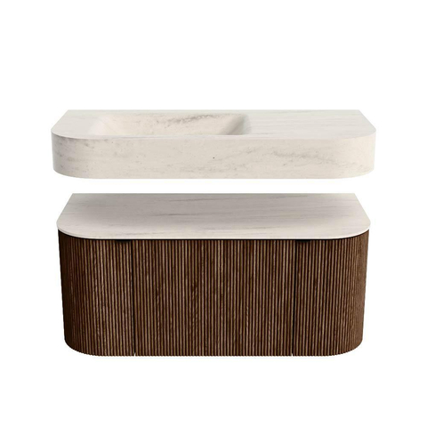 MONDIAZ THOR-DLUX Meuble de salle de bains - 100cm - arrondi gauche + droite - couleur Walnut - 1 tiroir et 2 portes - Vasque suspendue CLOUD Gauche sans trou de robinet - couleur Meli SW1467474