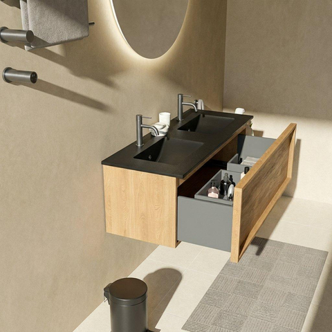 Saniclass Holz Frame Ensemble de meubles de salle de bains - 120x45x42cm - Lavabo en céramique Vygo noir - 2 vasques - 2 trous de robinetterie - 1 tiroir - chêne natural mat (bois) SW1478988