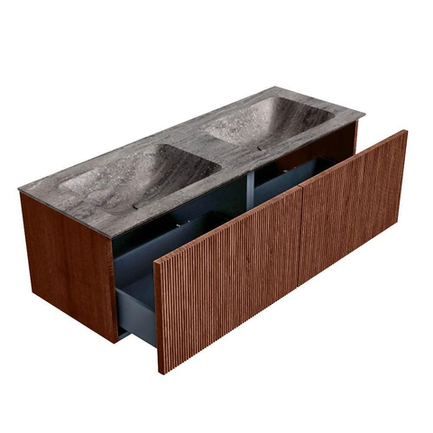 MONDIAZ KURVE-DLUX Meuble de salle de bains 130cm couleur Ruby avec 2 tiroirs et 0 porte. Lavabo LEAF Double 2 trous de robinet Oza. SW1434041