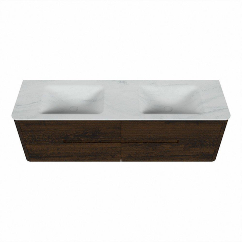 Mondiaz CIRO-DLUX Badkamermeubelset - 160x45x50cm - Solid surface wastafel Opalo - 2 wasbak Dubbel - zonder kraangaten - 4 lades - Walnut SW1530327