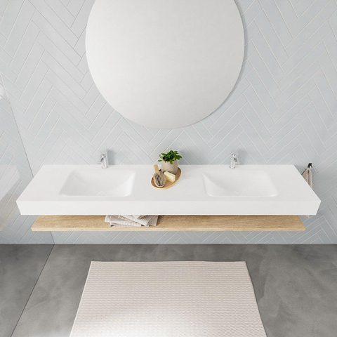 MONDIAZ ALAN 200cm - Ensemble meuble de salle de bains - étagère - chêne blanchi - lavabo suspendu - 2 vasques - 2 trous de robinetterie - talc SW408796