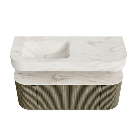 MONDIAZ THOR-DLUX 120cm meuble de salle de bains arrondi gauche + droite couleur Shadow avec 1 tiroir et 2 portes. Vasque suspendue CLOUD Gauche sans trou de robinet couleur Ostra. SW1463148