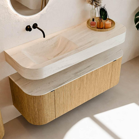 MONDIAZ THOR-DLUX 130cm meuble de salle de bains arrondi gauche + droite couleur Chêne avec 1 tiroir et 2 portes. Vasque suspendue CLOUD Gauche sans trou de robinet couleur Meli. SW1463858