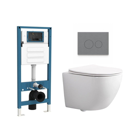 QeramiQ Dely Swirl Compact Ensemble WC - réservoir encastré QeramiQ flush - abattant slim - plaque de commande en plastique gris clair - boutons ronds - blanc brillant SW1590513