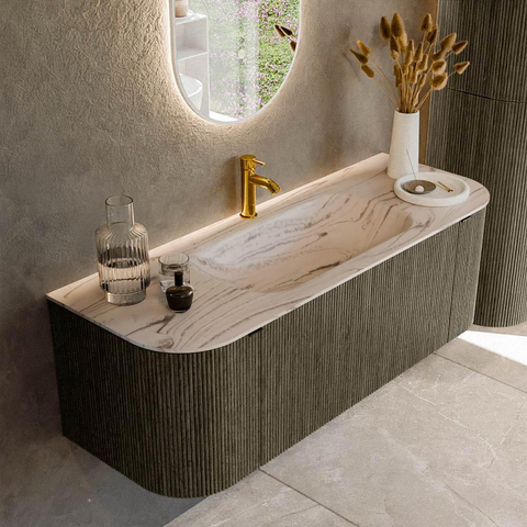 MONDIAZ KURVE-DLUX Meuble de salle de bains 130cm arrondi Gauche + Droite couleur Shadow avec 1 tiroir et 2 portes. Lavabo BIG SMALL Central 1 trou de robinet Nata. SW1432278