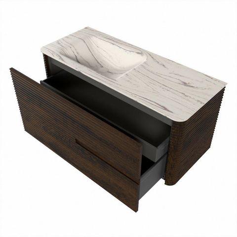 Mondiaz CIRO-DLUX Badkamermeubelset - 110x45x50cm - Solid surface wastafel Nata - 1 wasbak Links - 1 kraangat - 2 lades - Walnut SW1530602