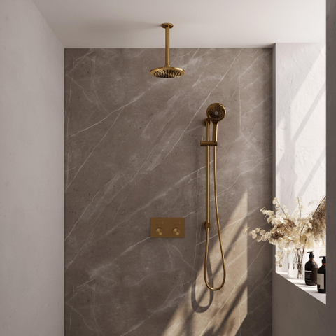 BRAUER Gold Carving Thermostatische Regendouche inbouw - drukknoppen - SET 71 - 20cm hoofddouche - plafondarm - 3 standen handdouche - doucheslang - geïntegreerde glijstang - goud geborsteld PVD SW925657