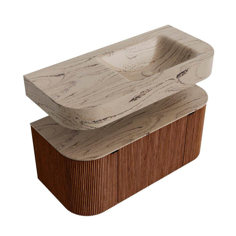 MONDIAZ THOR-DLUX 100cm meuble de salle de bains arrondi gauche + droite couleur Ruby avec 1 tiroir et 2 portes. Vasque suspendue CLOUD Droite sans trou de robinet couleur Arena. SW1467461