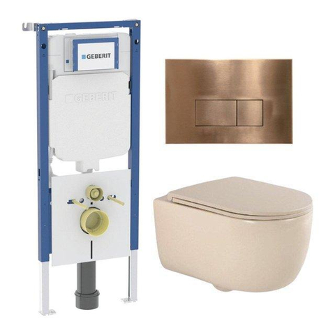 QeramiQ Dely Swirl Toiletset - 36.3x51.7cm - Geberit UP720 Duofix Sigma inbouwreservoir - slim zitting - koperen bedieningsplaat - rechthoekige knoppen - mat beige SW1416845