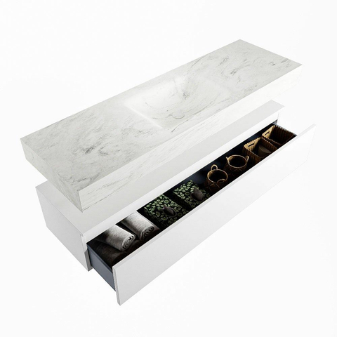 Mondiaz ALAN-DLUX Ensemble de meuble - 150cm - meuble Talc mat - 1 tiroir - Lavabo Cloud Opalo suspendu - vasque Centre - 1 trou de robinet SW806332