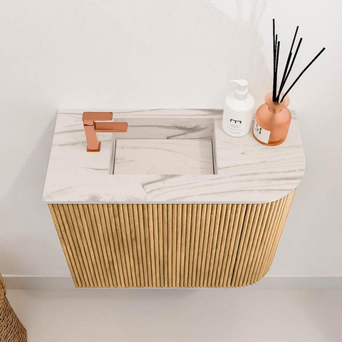 Mondiaz JOYA-DLUX 51.6cm toiletmeubel - ronding rechts kleur Oak - Wastafel FAYE positie Links 1 kraangat kleur Nata. SW1424045