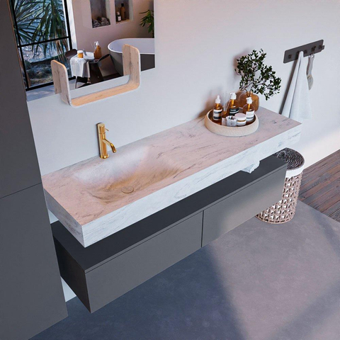 Mondiaz ALAN-DLUX Ensemble de meuble - 150cm - meuble Plata mat - 2 tiroirs - Lavabo Cloud Opalo suspendu - vasque Gauche - 1 trou de robinet SW806951