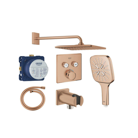 Grohe Grohtherm regendoucheset inbouw - hoofddouche vierkant - handdouche vierkant - gebogen wandarm - brushed warm sunset (koper) SW1235217