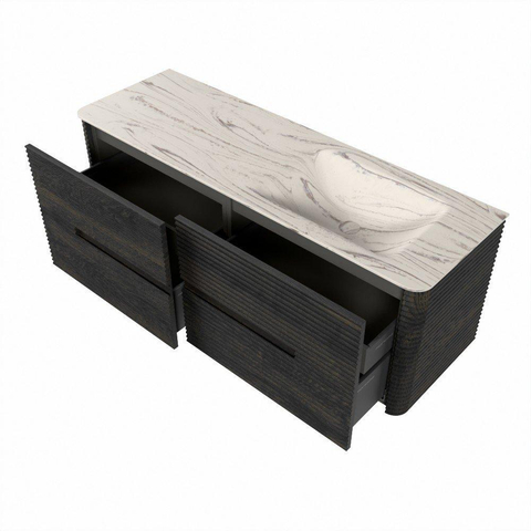 Mondiaz CIRO-DLUX Meuble de salle de bains - 140x45x50cm - Plan de toilette en solid surface Nata - 1 vasque à droite - sans trous de robinet - 4 tiroirs - Shadow SW1532581