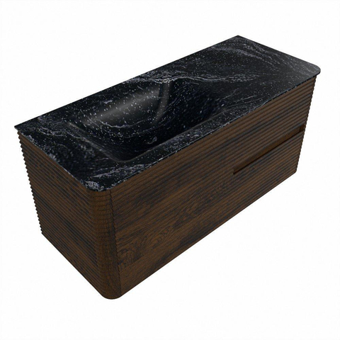 Mondiaz CIRO-DLUX Meuble de salle de bains - 110x45x50cm - Vasque en solid surface Lava - 1 lavabo à gauche - sans trous de robinetterie - 2 tiroirs - Noyer SW1530320