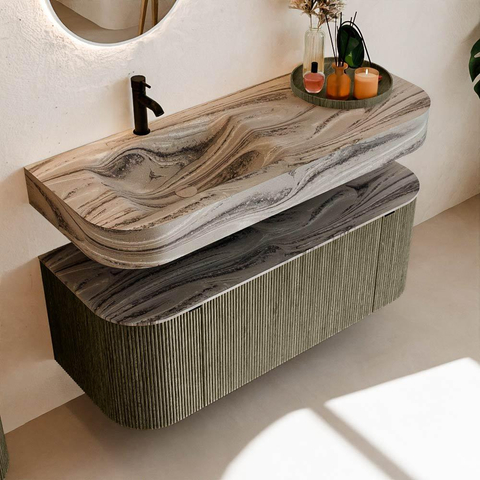 MONDIAZ THOR-DLUX 120cm meuble de salle de bains arrondi gauche + droite couleur Shadow avec 1 tiroir et 2 portes. Vasque suspendue CLOUD Gauche 1 trou de robinet couleur Sombra. SW1463665