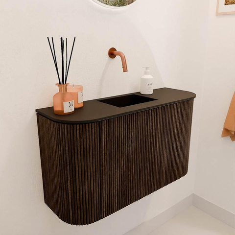 Mondiaz JOYA 73.2cm meuble de salle de bains - arrondi gauche et droite couleur Walnut - Vasque FAYE position Milieu Sans trou de robinet couleur Urban SW1421439