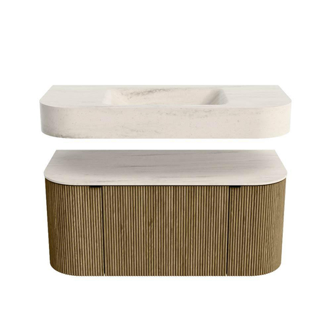 MONDIAZ THOR-DLUX 100cm meuble de salle de bains arrondi gauche + droite couleur Dusk avec 1 tiroir et 2 portes. Vasque suspendue CLOUD Milieu sans trou de robinet couleur Meli. SW1467477