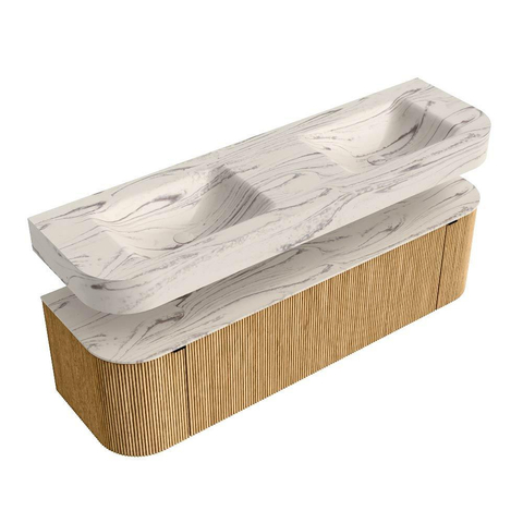 MONDIAZ THOR-DLUX 160cm badmeubel ronding links + rechts kleur Oak met 1 lade en 2 deuren. Vrijhangende wastafel CLOUD Dubbel 2 kraangaten kleur Nata. SW1465245