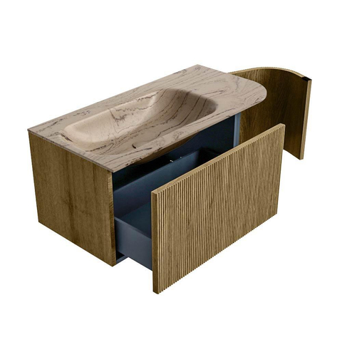 MONDIAZ KURVE-DLUX Meuble de salle de bains 95cm arrondi à droite couleur Dusk avec 1 tiroir et 1 porte. Lavabo BIG SMALL gauche 1 trou de robinet Arena. SW1431338