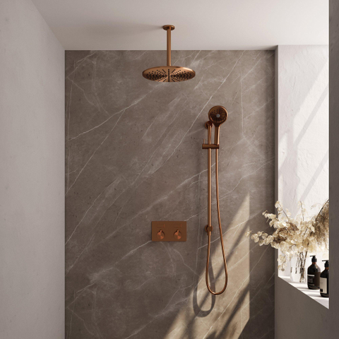BRAUER Copper Edition Thermostatische Regendouche inbouw - drukknoppen - SET 72 - 30cm hoofddouche - plafondarm - 3 standen handdouche - doucheslang - geïntegreerde glijstang - koper geborsteld PVD SW925614