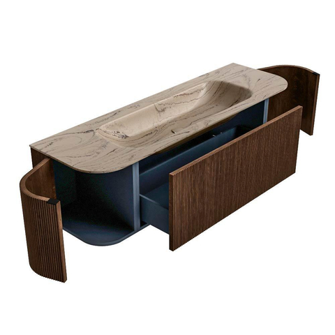 MONDIAZ KURVE-DLUX meuble de salle de bains 150cm arrondi Gauche + Droite couleur Walnut avec 1 tiroir et 2 portes. Lavabo BIG MEDIUM Central 1 trou de robinet Arena. SW1431261
