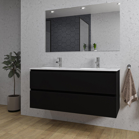 Saniclass Chaci Meuble de salle de bain - 120x46x55cm - lavabo en céramique blanc - 2 vasques ovales - 2 trous de robinet - 2 tiroirs - miroir rectangulaire - noir mat SW724529