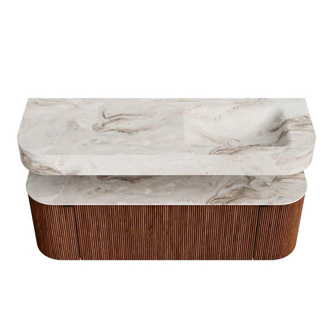 MONDIAZ THOR-DLUX Meuble de salle de bains 140cm arrondi gauche + droite couleur Ruby avec 1 tiroir et 2 portes. Vasque suspendue CLOUD Droite 1 trou de robinet couleur Frappe. SW1464218