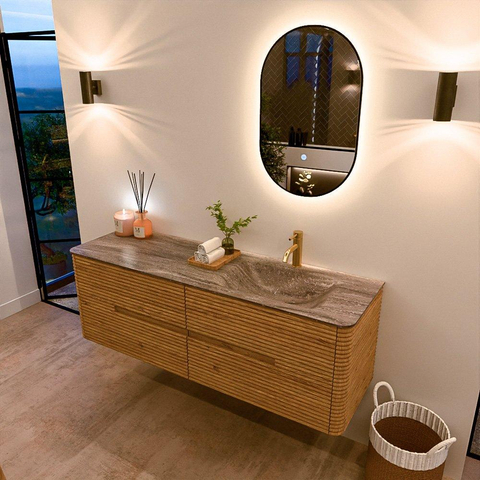 Mondiaz CIRO-DLUX Badkamermeubelset - 150x45x50cm - Solid surface wastafel Oza - 1 wasbak Rechts - 1 kraangat - 4 lades - Oak SW1531195