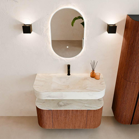 MONDIAZ THOR-DLUX 100cm meuble de salle de bains arrondi gauche + droite couleur Ruby avec 1 tiroir et 2 portes. Vasque suspendue CLOUD Milieu 1 trou de robinet couleur Ostra. SW1467424