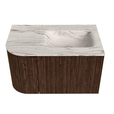 MONDIAZ KURVE-DLUX Meuble de salle de bains 75cm arrondi Gauche couleur Walnut avec 1 tiroir et 1 porte. Lavabo GRUNNE Droite sans trou de robinet Nata. SW1432155