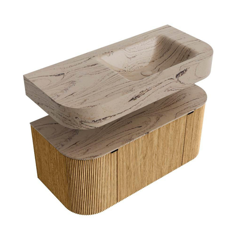 MONDIAZ THOR-DLUX 100cm meuble de salle de bains arrondi gauche + droite couleur Oak avec 1 tiroir et 2 portes. Vasque suspendue CLOUD droite 1 trou de robinet couleur Arena. SW1467445