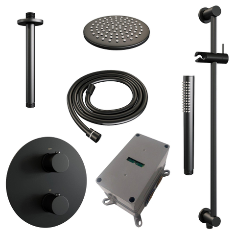 BRAUER Black Edition douche thermostatique encastrée - 3 voies - rond - ensemble 89 - douche principale de 20 cm - bras plafond - douchette à main - flexible de douche - colonne de douche intégrée - noir mat SW1159217