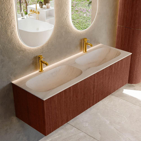 MONDIAZ KURVE-DLUX Meuble de salle de bains 140 cm couleur Ruby avec 2 tiroirs et 0 portes. Plan-vasque STOR SMALL Double 2 trous de robinetterie Meli. SW1432012
