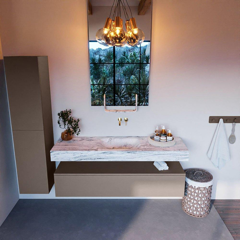 Mondiaz ALAN-DLUX Ensemble de meuble - 150cm - meuble Smoke mat - 1 tiroir - Lavabo Cloud Glace suspendu - vasque Centre - 0 trous de robinet SW805861