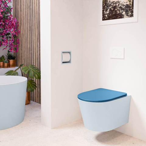 Mondiaz LAVIE hangtoilet – spoelrandloos – 36 x 53 cm – met softclose zitting – Clay (lichtblauw/grijs), zitting Jeans (blauw) SW1208633