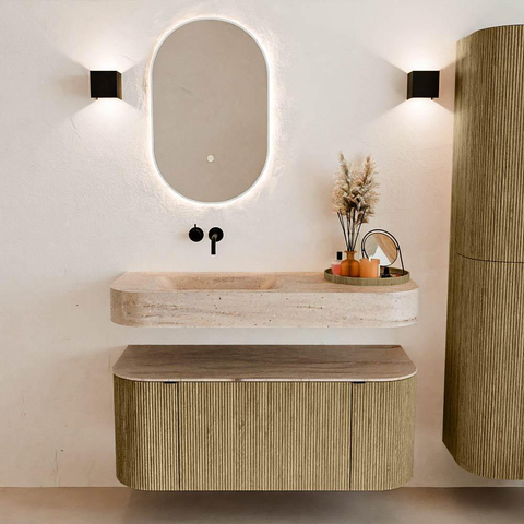 MONDIAZ THOR-DLUX Meuble de salle de bains 110cm arrondi gauche + droite couleur Dusk avec 1 tiroir et 2 portes. Vasque suspendue CLOUD Gauche sans trou de robinet couleur Saba. SW1463013