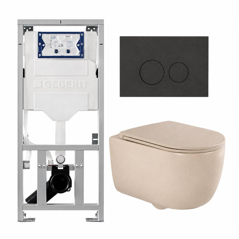 QeramiQ Dely Swirl Toiletset - 36.3x51.7cm - Geberit UP320 inbouwreservoir - met Burda frame - 35mm zitting - bedieningsplaat mat antraciet - ronde knoppen - mat beige SW1164775