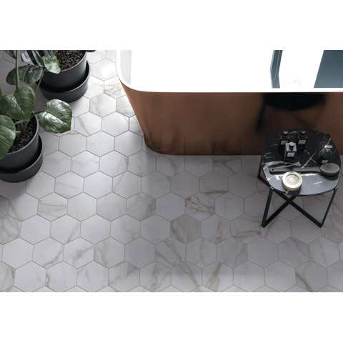 ÉCHANTILLON Terravito Tovaro carreau mural et de sol - 15x17cm - 9mm - Hexagone - Aspect marbre - Blanc mat SW735647
