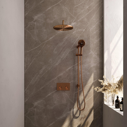 BRAUER Copper Edition opbouw regendoucheset – Ø30 cm hoofddouche – 40 cm gebogen wandarm – ronde handdouche – glijstang SW925615
