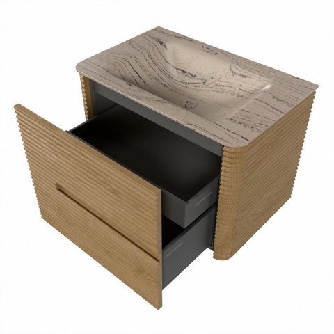 Mondiaz CIRO-DLUX Meuble de salle de bains - 70x45x50cm - Plan vasque en solid surface Arena - 1 vasque au milieu - 1 trou de robinetterie - 2 tiroirs - Chêne SW1530955