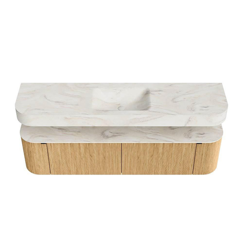 MONDIAZ THOR-DLUX 180cm badmeubel ronding links + rechts kleur Oak met 2 lades en 2 deuren. Vrijhangende wastafel CLOUD Midden 1 kraangat kleur Ostra. SW1465924