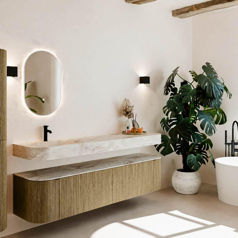 MONDIAZ THOR-DLUX Meuble de salle de bains 190cm arrondi gauche + droite couleur Dusk avec 2 tiroirs et 2 portes. Vasque suspendue CLOUD Gauche 1 trou de robinet couleur Frappe. SW1466451