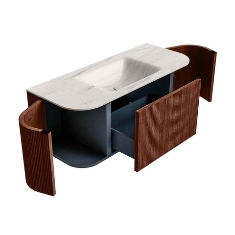 MONDIAZ KURVE-DLUX Meuble de salle de bains 110cm arrondi gauche + droite couleur Ruby avec 1 tiroir et 2 portes. Lavabo CLOUD central 1 trou de robinet Meli. SW1431948