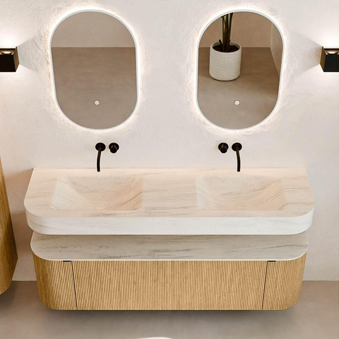MONDIAZ THOR-DLUX 160cm meuble de salle de bains arrondi gauche + droite couleur Oak avec 1 tiroir et 2 portes. Vasque suspendue CLOUD Double sans trou de robinet couleur Meli. SW1465167