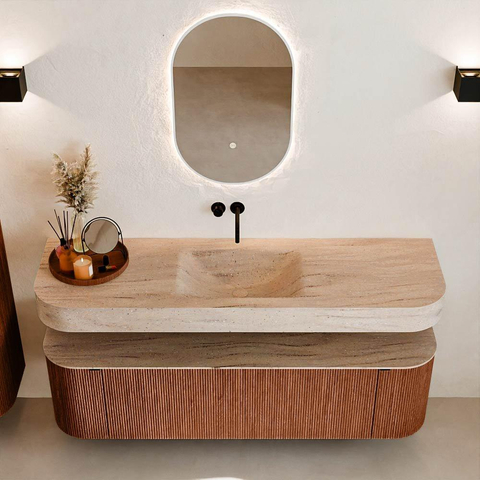 MONDIAZ THOR-DLUX 160cm meuble de salle de bains arrondi gauche + droite couleur Ruby avec 1 tiroir et 2 portes. Vasque suspendue CLOUD Milieu sans trou de robinet couleur Saba. SW1465351