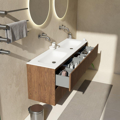 Saniclass Holz Atelier Badkamermeubelset - 160x45x61.5cm - Flow solid surface wastafel wit - 2 wasbakken - zonder kraangaten - 4 lades - mat walnut pure (hout) SW1478445