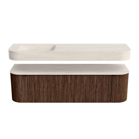 MONDIAZ THOR-DLUX 160cm meuble de salle de bains arrondi gauche + droite couleur Walnut avec 1 tiroir et 2 portes. Vasque suspendue CLOUD gauche sans trou de robinet couleur Meli. SW1465156